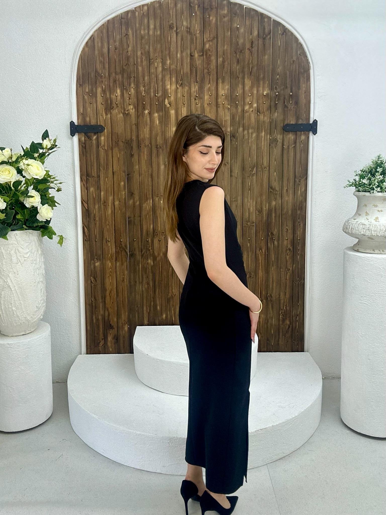 Atlas Kumaş Bel Drapeli Midi Boy Elbise Siyah