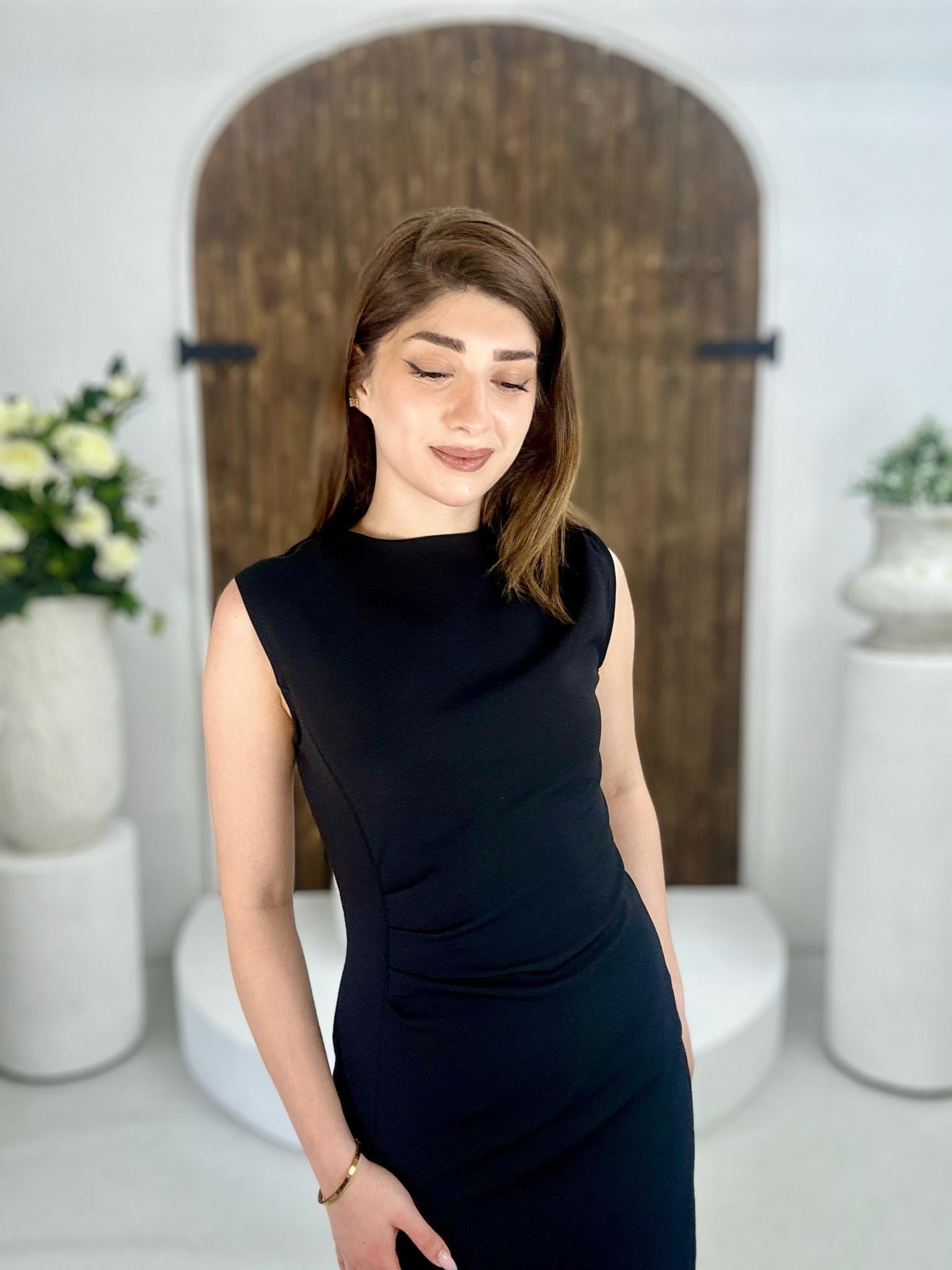 Atlas Kumaş Bel Drapeli Midi Boy Elbise Siyah