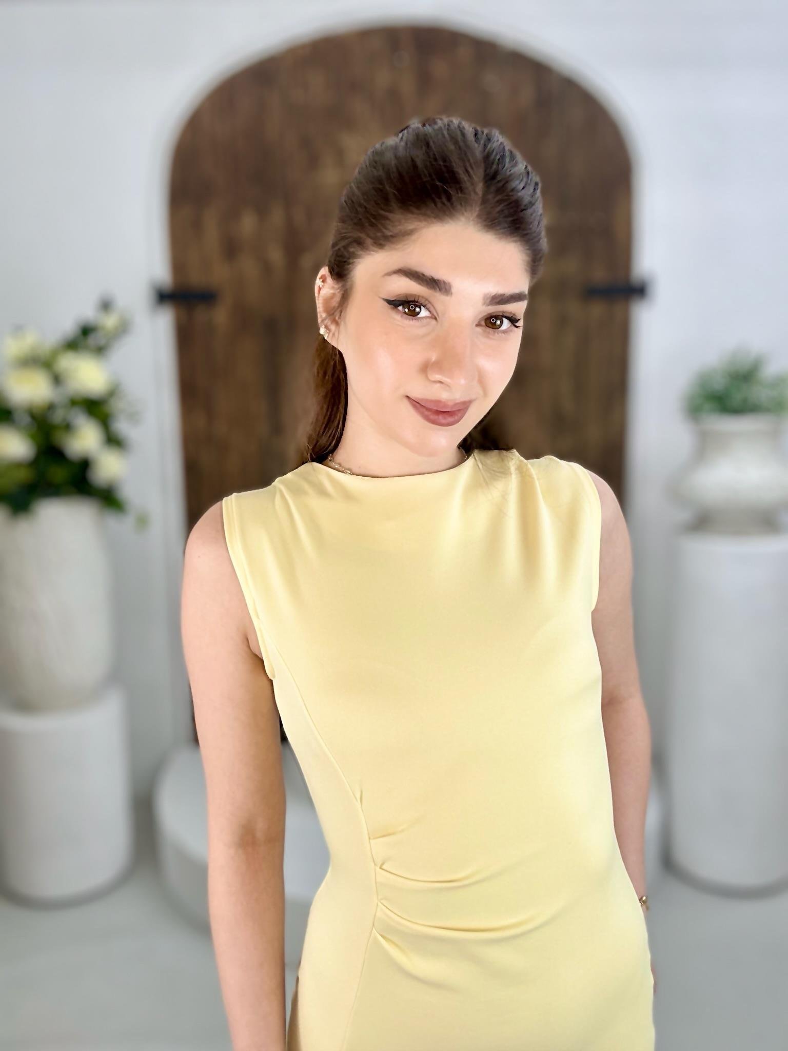 Atlas Kumaş Bel Drapeli Midi Boy Elbise Sarı