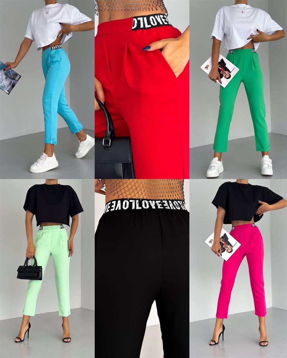 Atlas Kumaş Beli Şeritli Dar Paça Pantolon