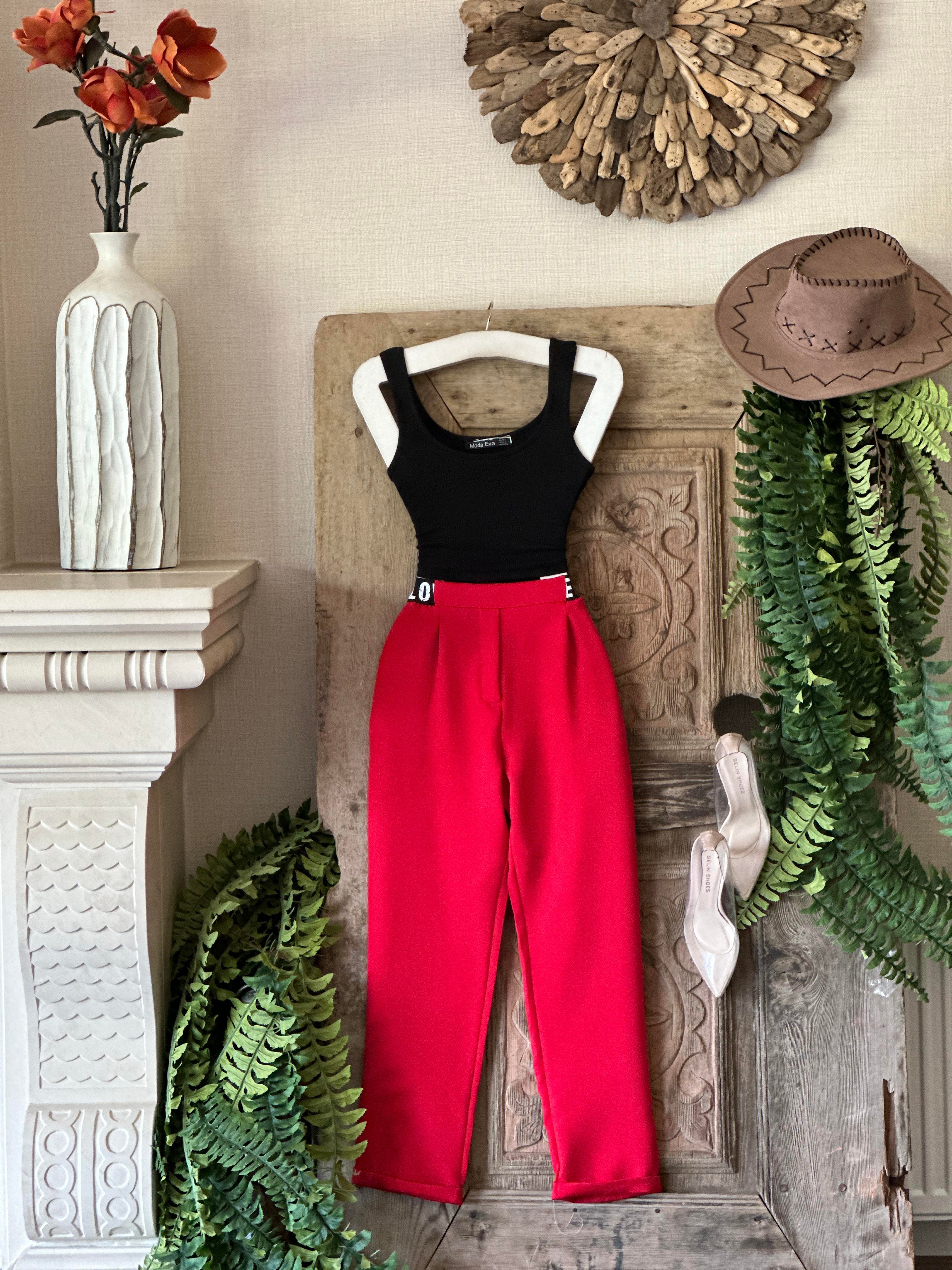 Atlas Kumaş Beli Şeritli Dar Paça Pantolon