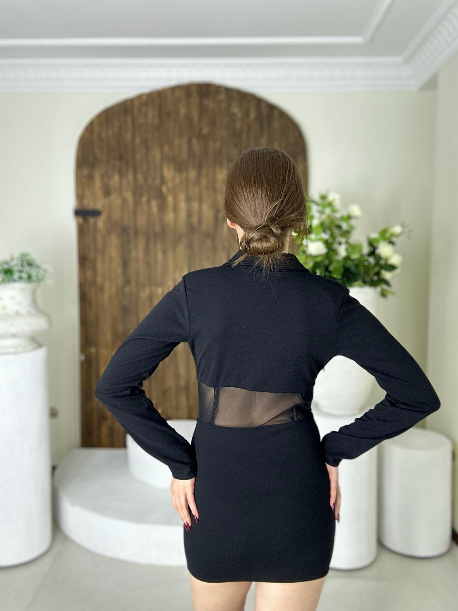 Atlas Kumaş Beli Transparan Tül Detaylı Fermuarlı Ceket Yaka Elbise