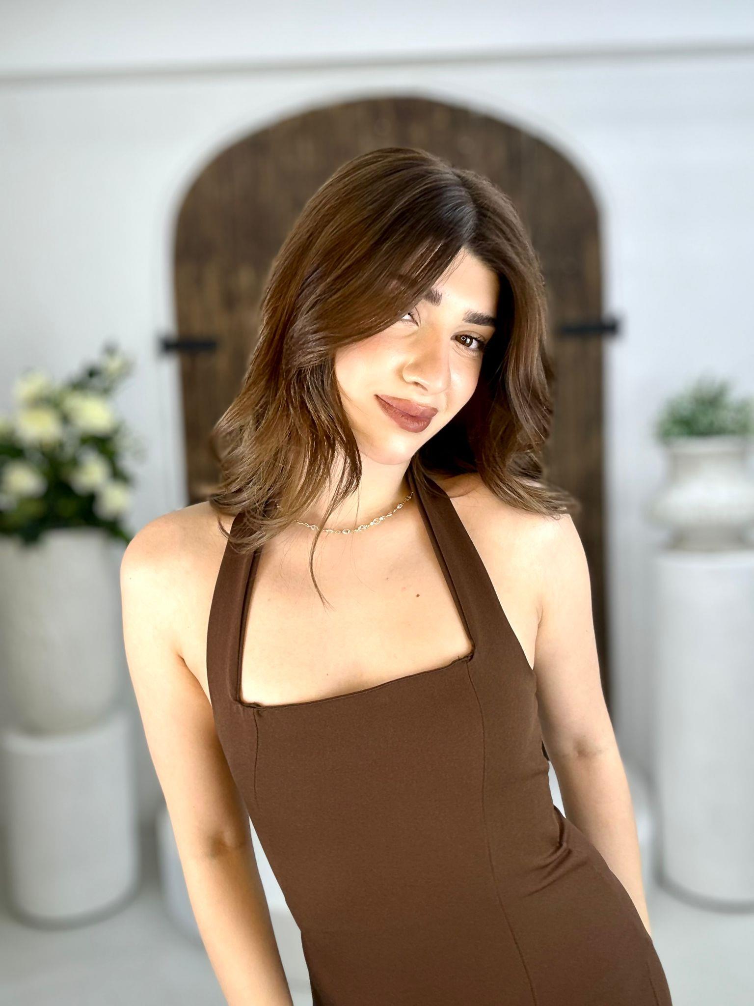 Atlas Kumaş Boyundan Düğmeli Uzun Kalem Elbise Kahverengi