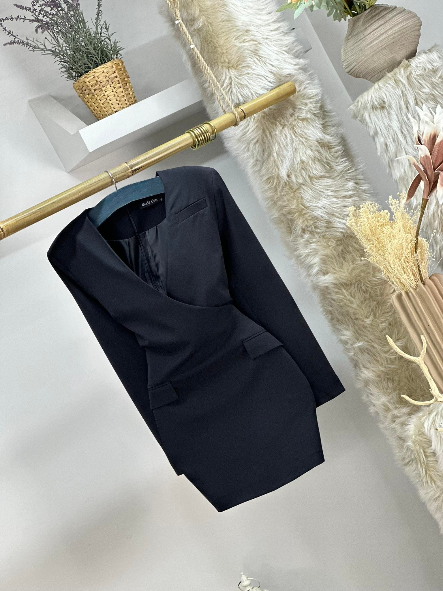 Atlas Kumaş Ceket Yaka Tasarım İki Renk Elbise