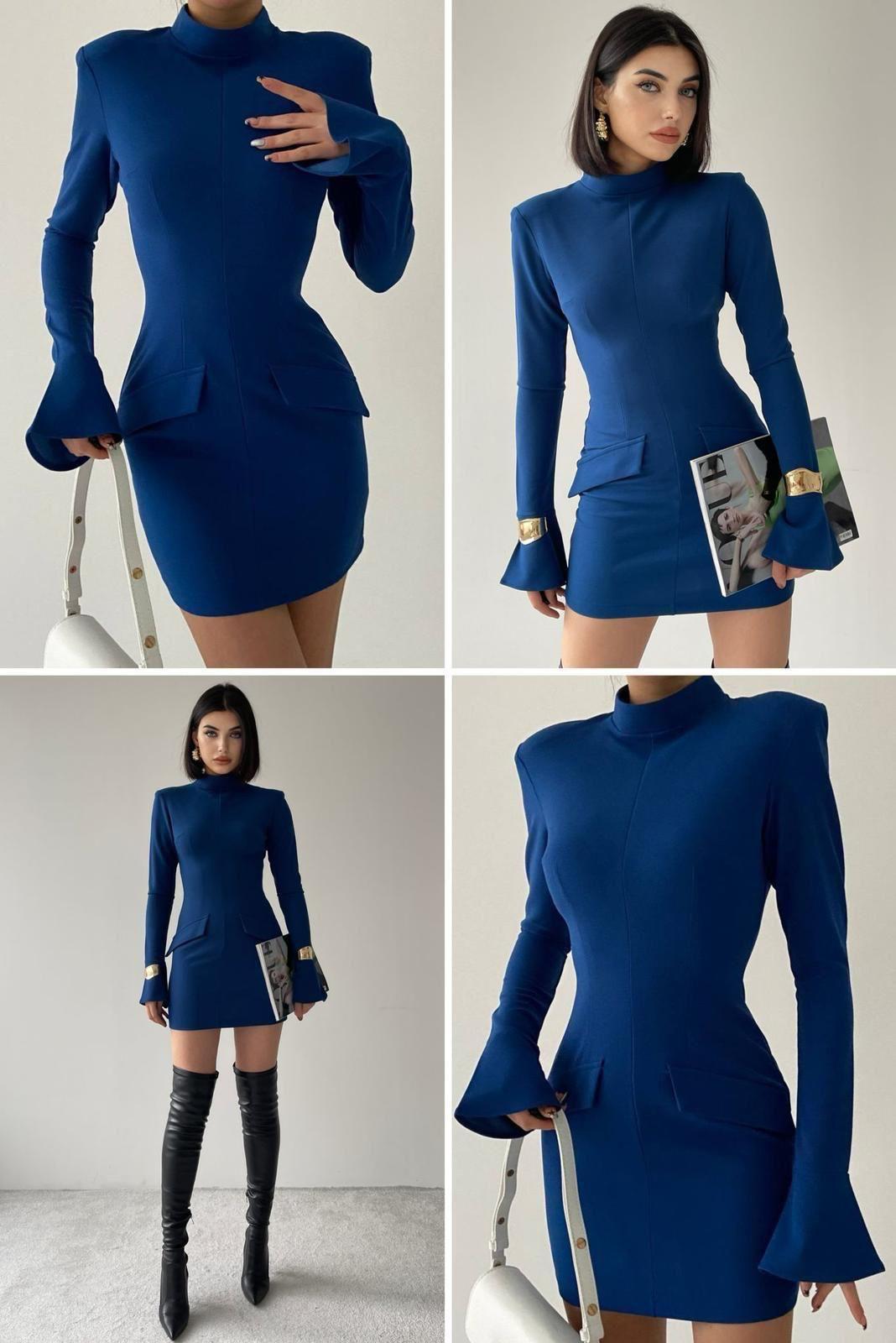 Atlas Kumaş Dik Yaka Kol İspanyol Detay Mavi Elbise 