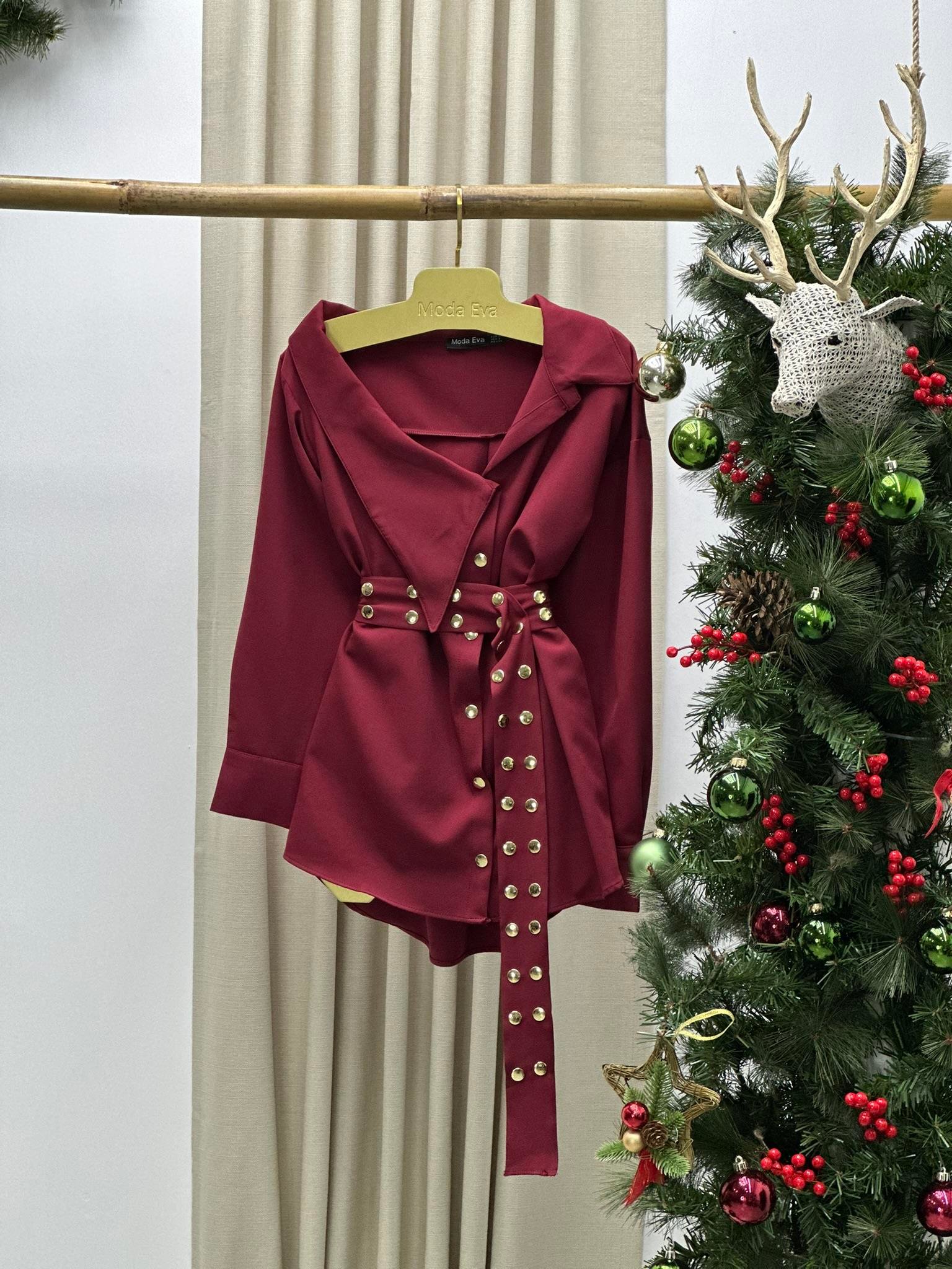 Atlas Kumaş Droplu Tasarım Bordo Gömlek