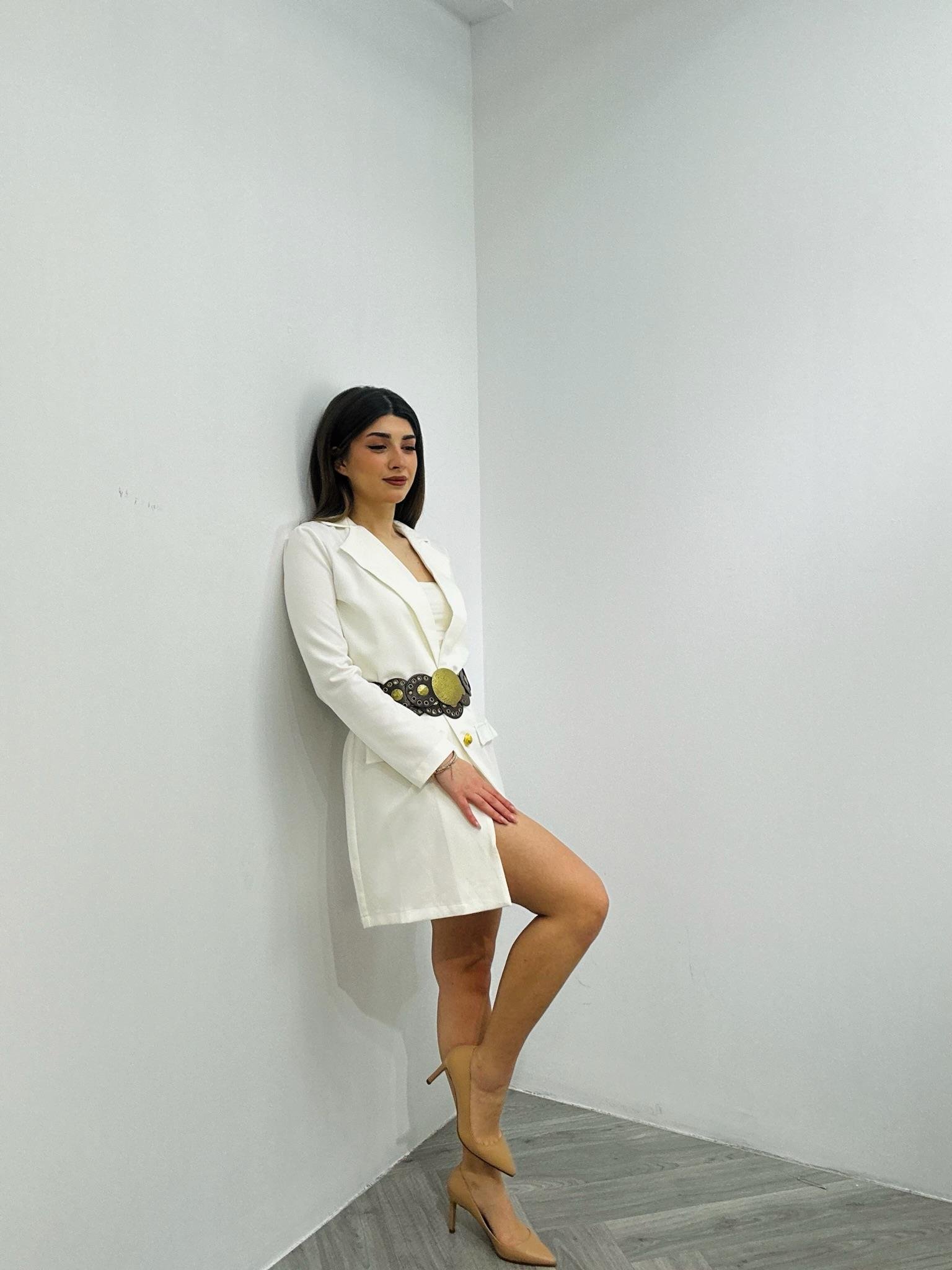 Atlas Kumaş Gold Düğmeli Astarsız Uzun Ceket