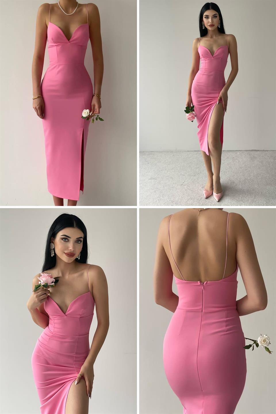 Atlas Kumaş İnce Askılı Yırtmaçlı Kalp Yaka Kalem Elbise