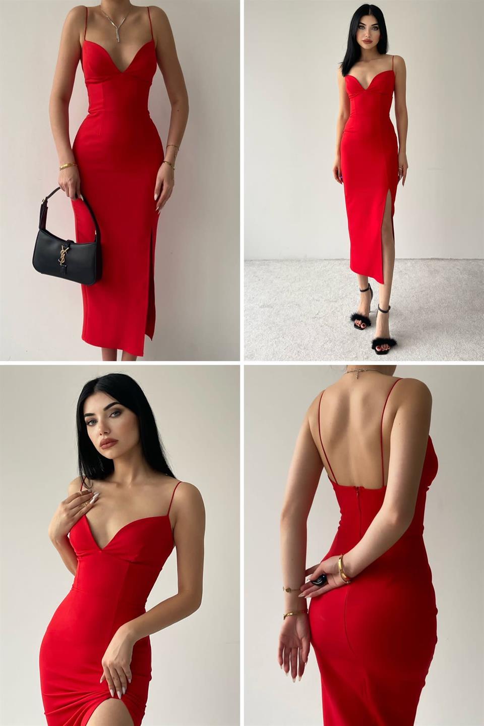 Atlas Kumaş İnce Askılı Yırtmaçlı Kalp Yaka Kalem Elbise