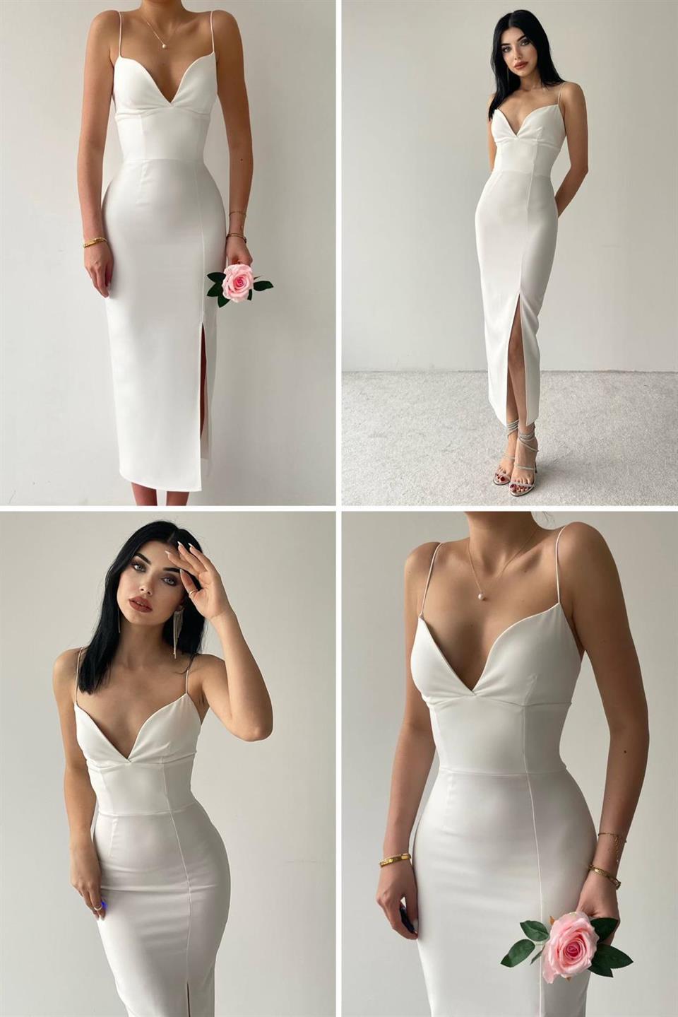 Atlas Kumaş İnce Askılı Yırtmaçlı Kalp Yaka Kalem Elbise