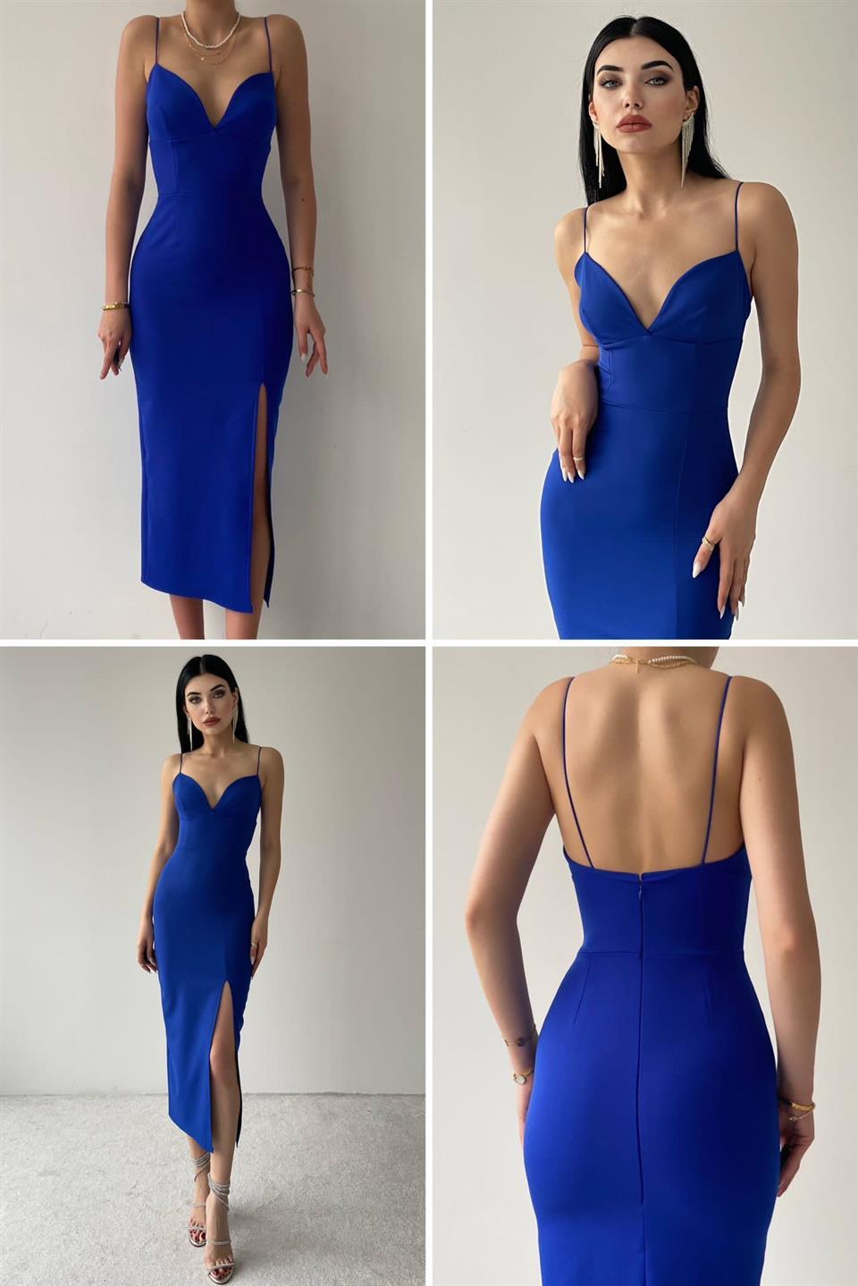 Atlas Kumaş İnce Askılı Yırtmaçlı Kalp Yaka Kalem Elbise