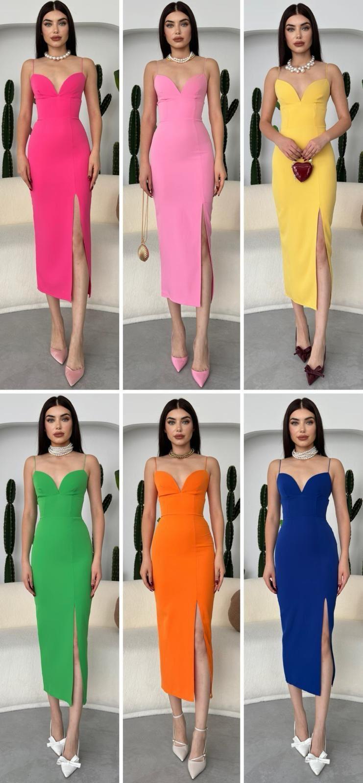 Atlas Kumaş İnce Elastik Askılı Kalp Yaka  Kalem Elbise