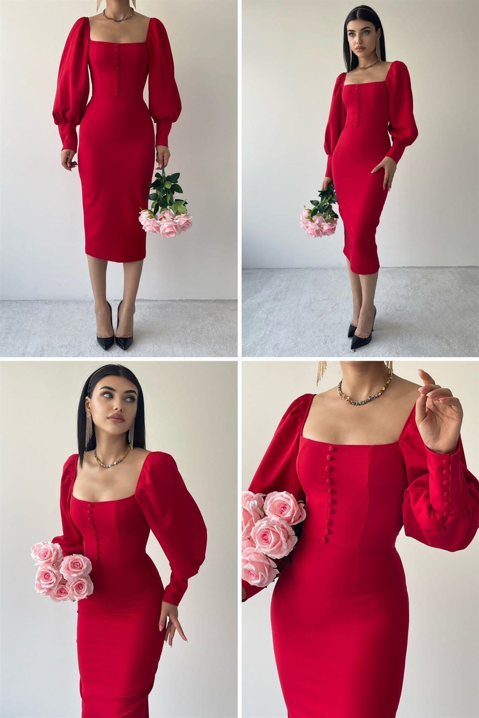 Atlas Kumaş Kaplama Düğmeli Kalem Elbise