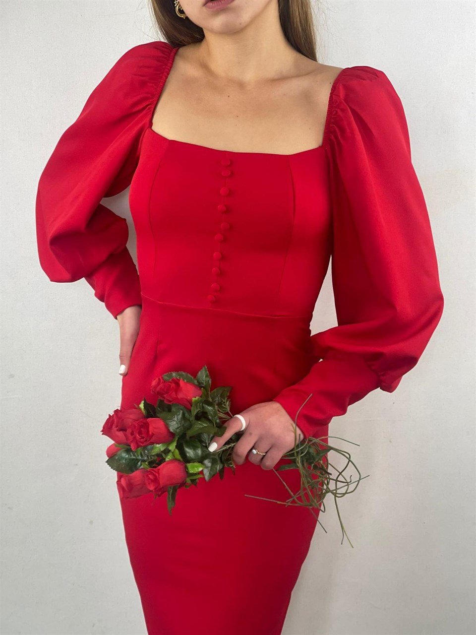 Atlas Kumaş Kaplama Düğmeli Kalem Elbise