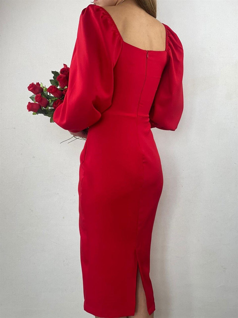 Atlas Kumaş Kaplama Düğmeli Kalem Elbise