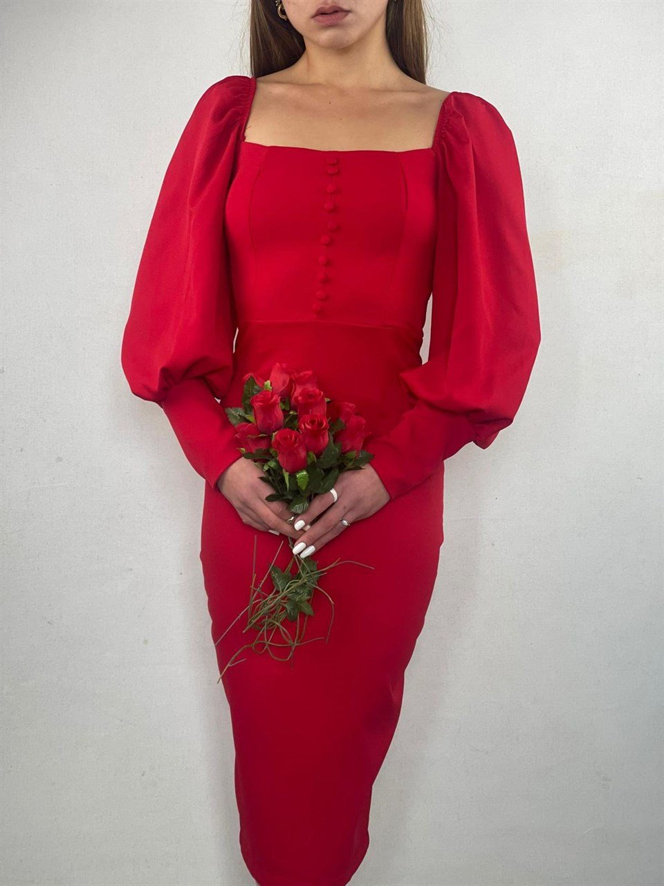 Atlas Kumaş Kaplama Düğmeli Kalem Elbise