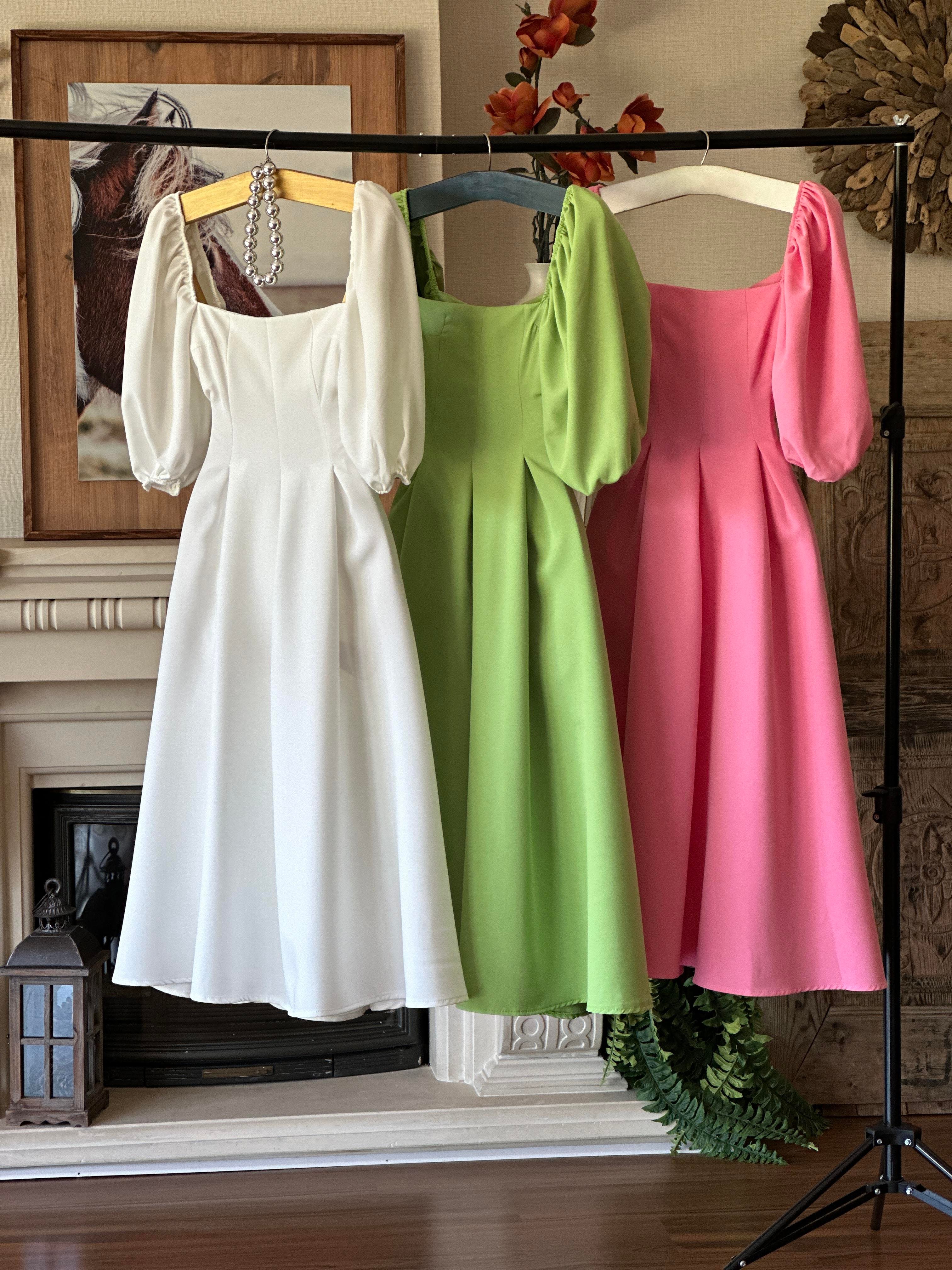 Atlas Kumaş Karpuz Kol Kare Yaka Renkli Midi Boy Elbise