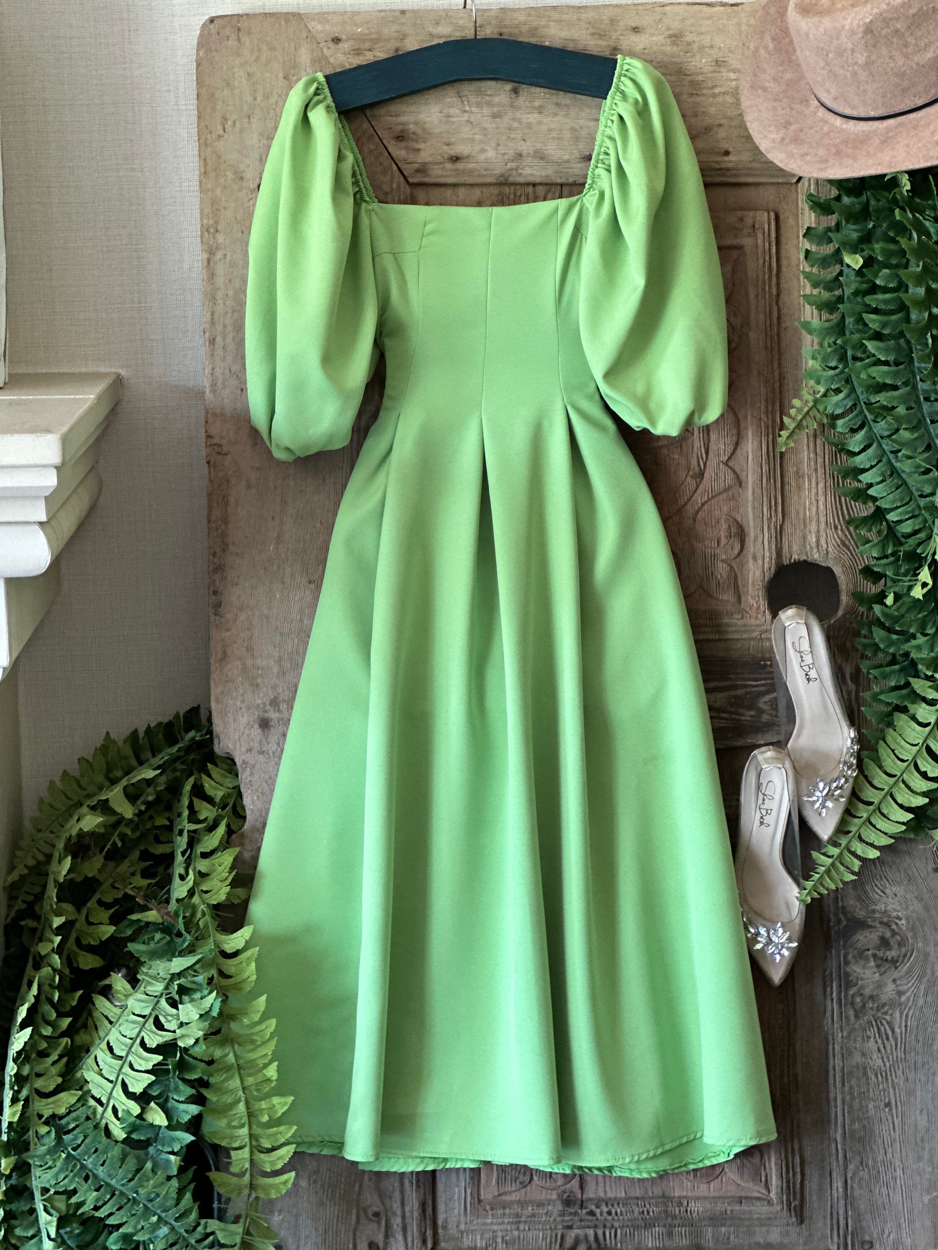 Atlas Kumaş Karpuz Kol Kare Yaka Renkli Midi Boy Elbise