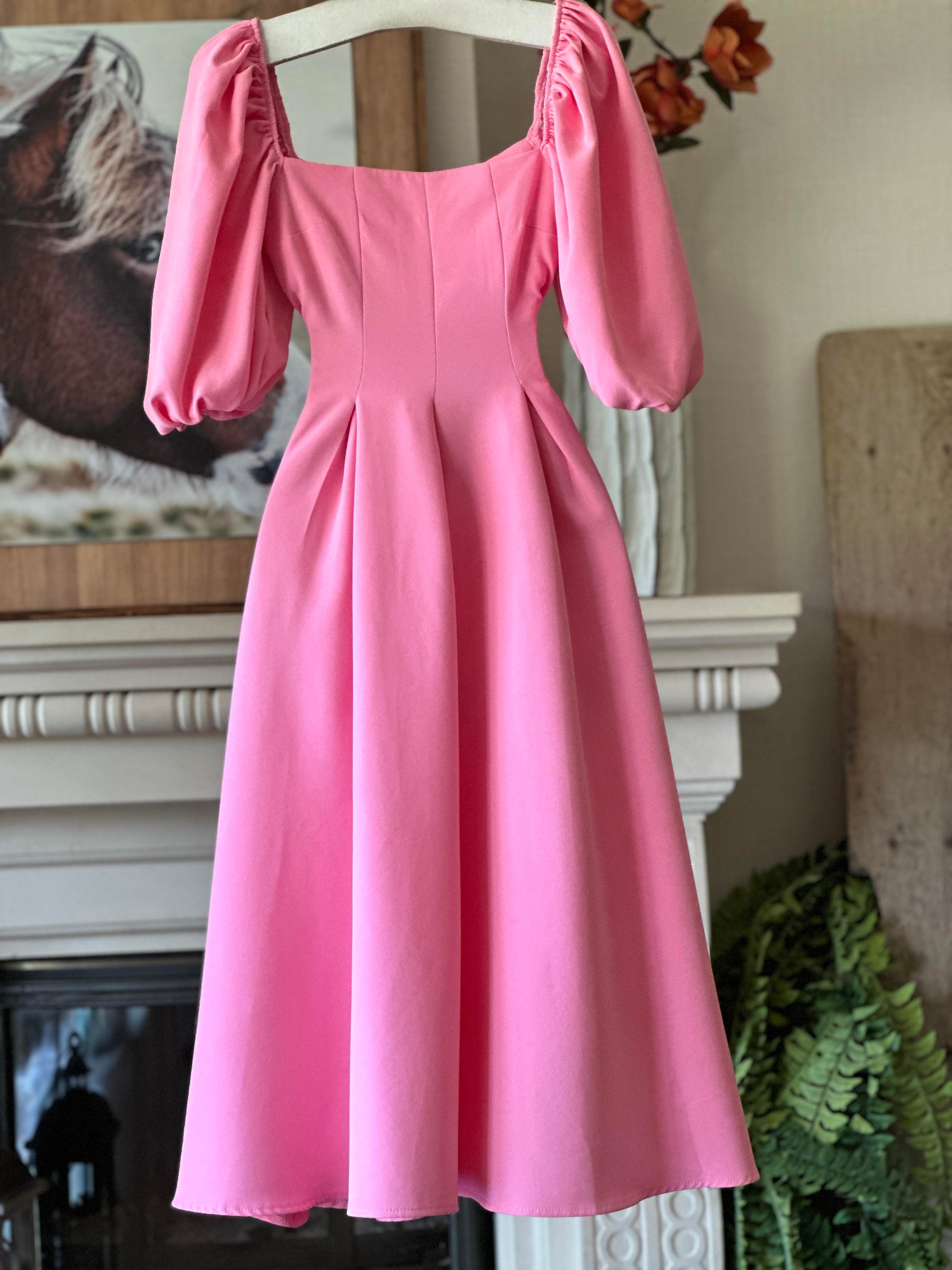 Atlas Kumaş Karpuz Kol Kare Yaka Renkli Midi Boy Elbise