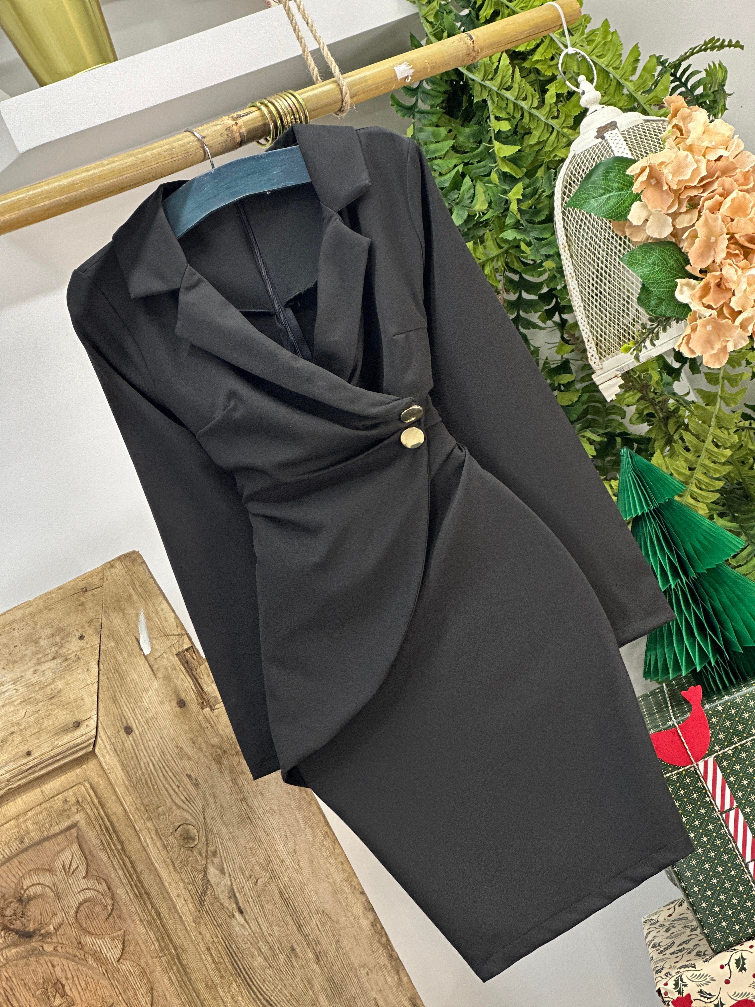 Atlas Kumaş Metalize Süs Düğmeli Ceket Yaka Tasarım Elbise 