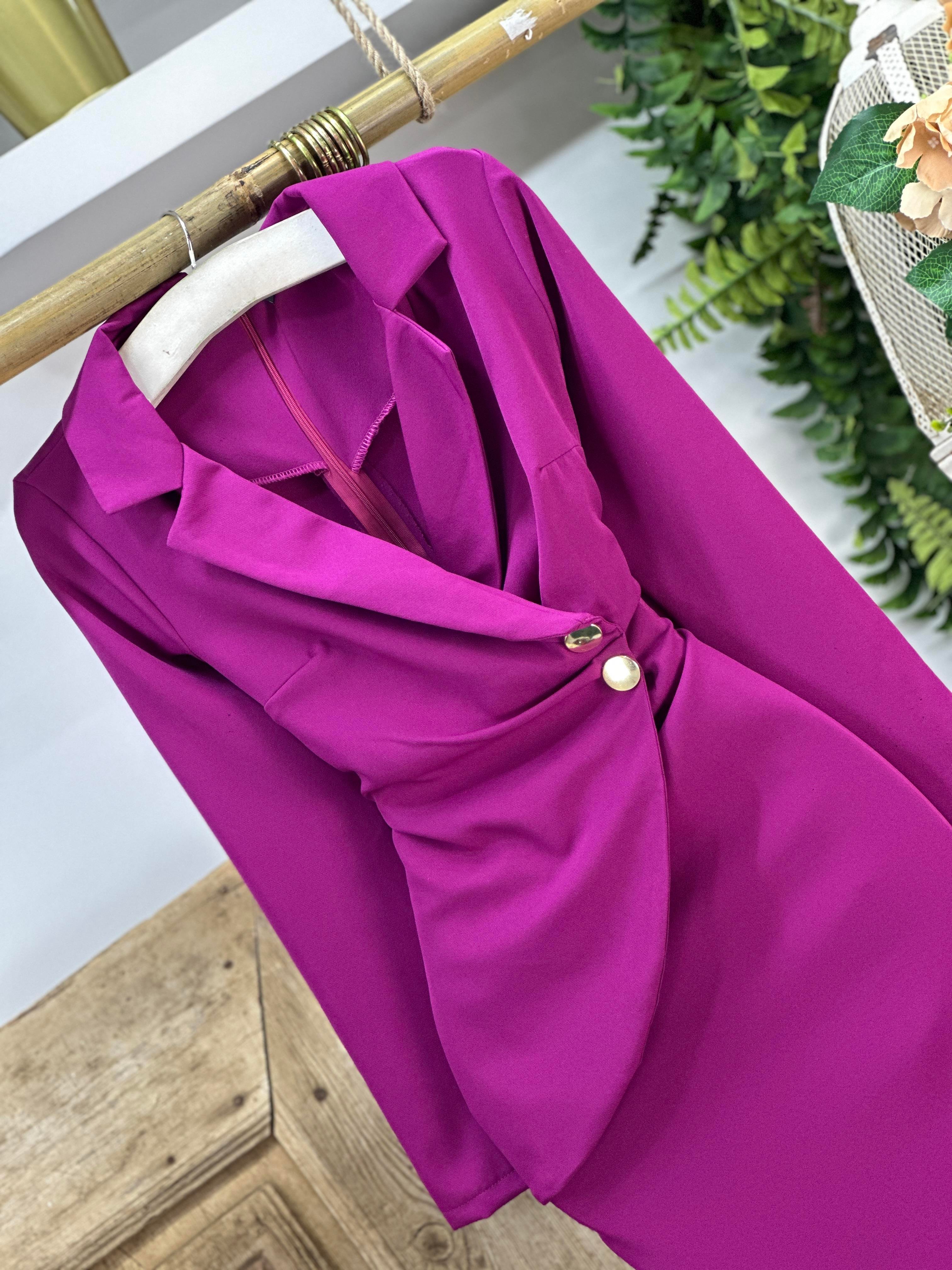 Atlas Kumaş Metalize Süs Düğmeli Ceket Yaka Tasarım Elbise 