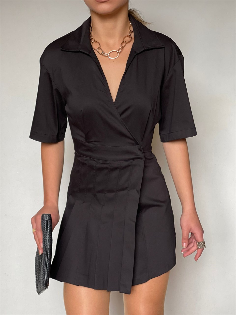 Atlas Kumaş Pile Etekli Tasarım Ceket Elbise