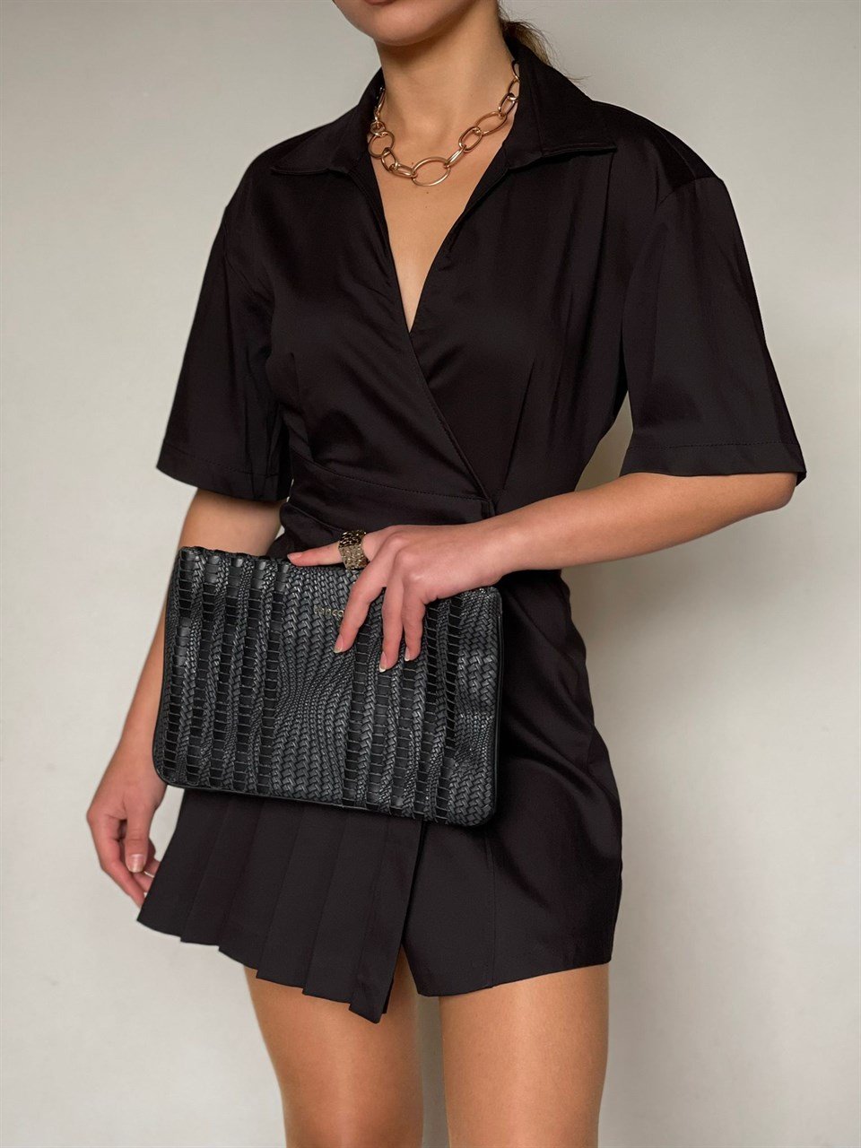 Atlas Kumaş Pile Etekli Tasarım Ceket Elbise