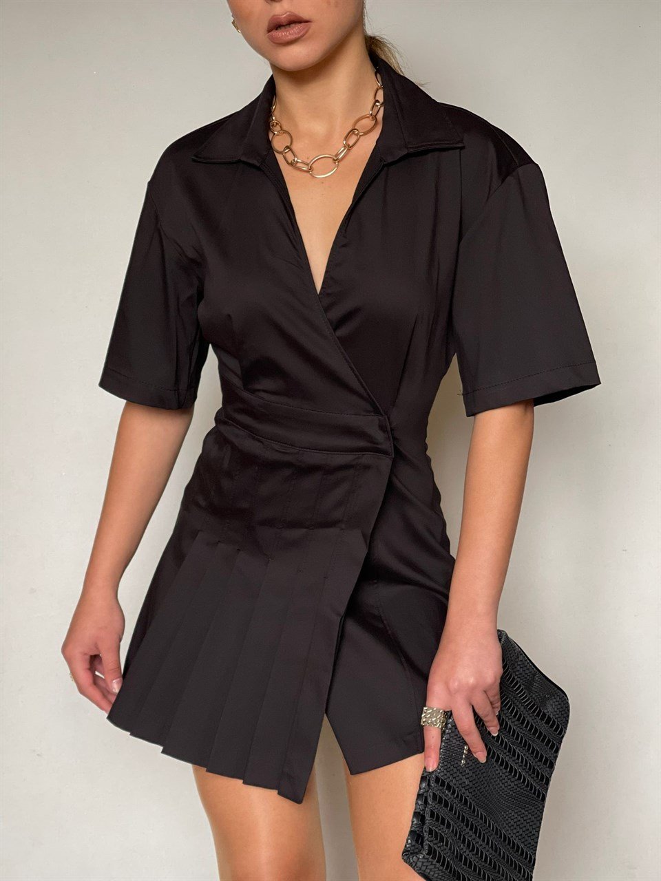 Atlas Kumaş Pile Etekli Tasarım Ceket Elbise