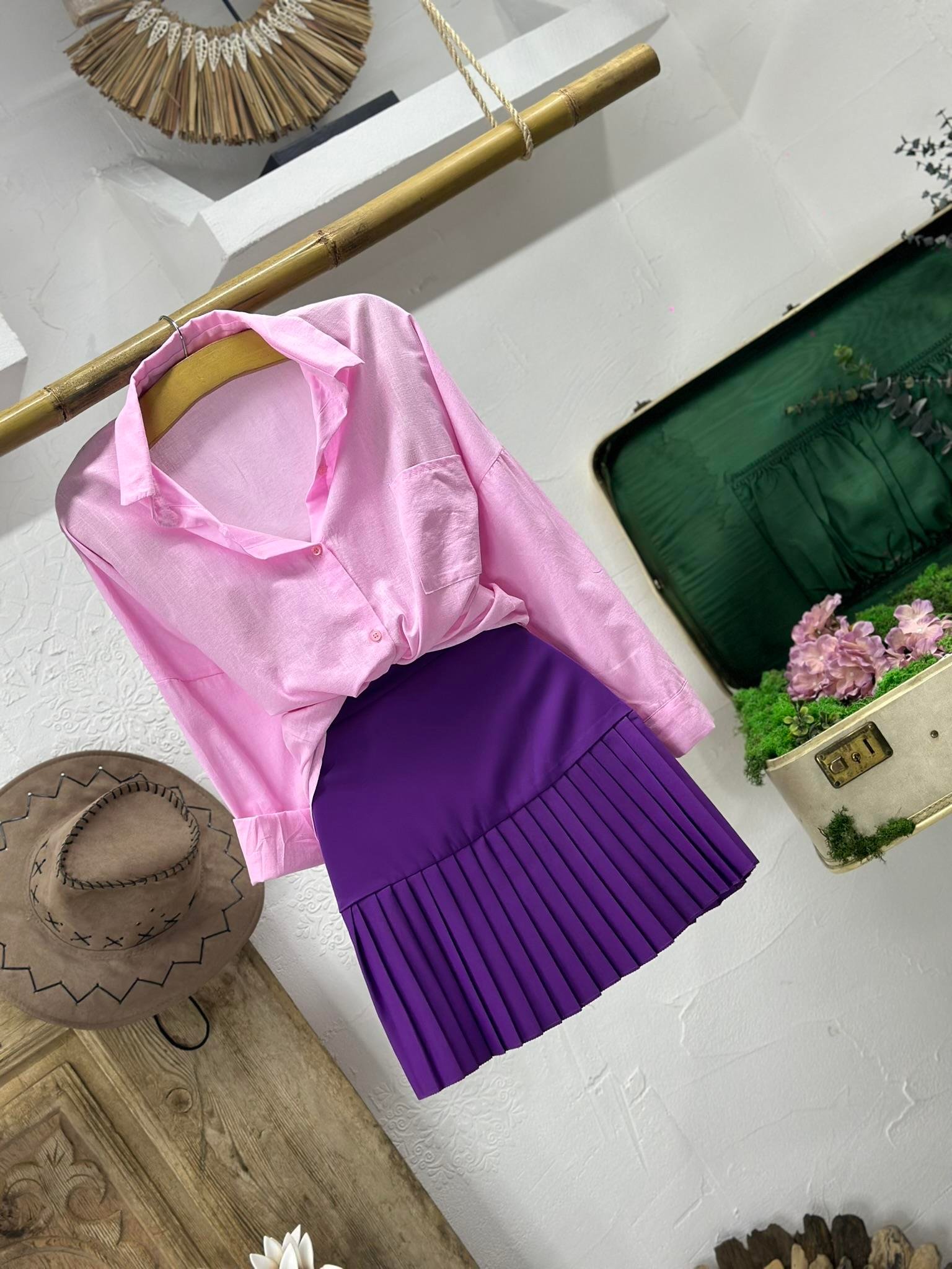 Atlas Kumaş Piliseli Renkli Mini Etek 