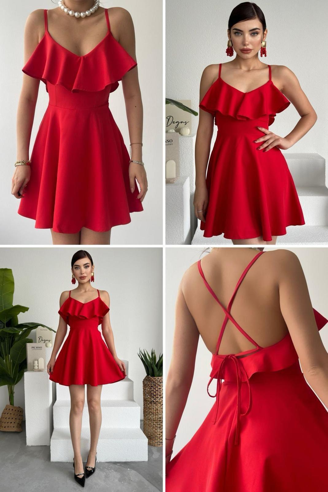 Atlas Kumaş Sırt Çapraz Volanlı Kırmızı Elbise