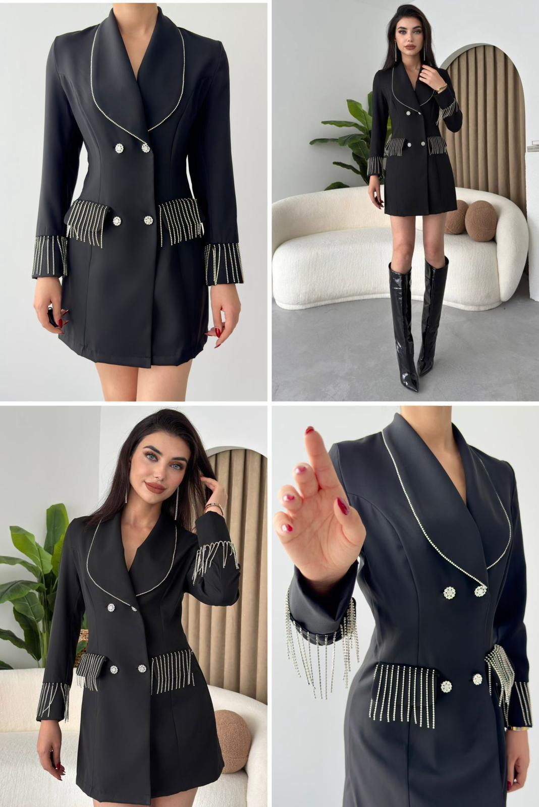 Atlas Kumaş Taş Zincir Detaylı Tasarım Siyah Ceket Elbise