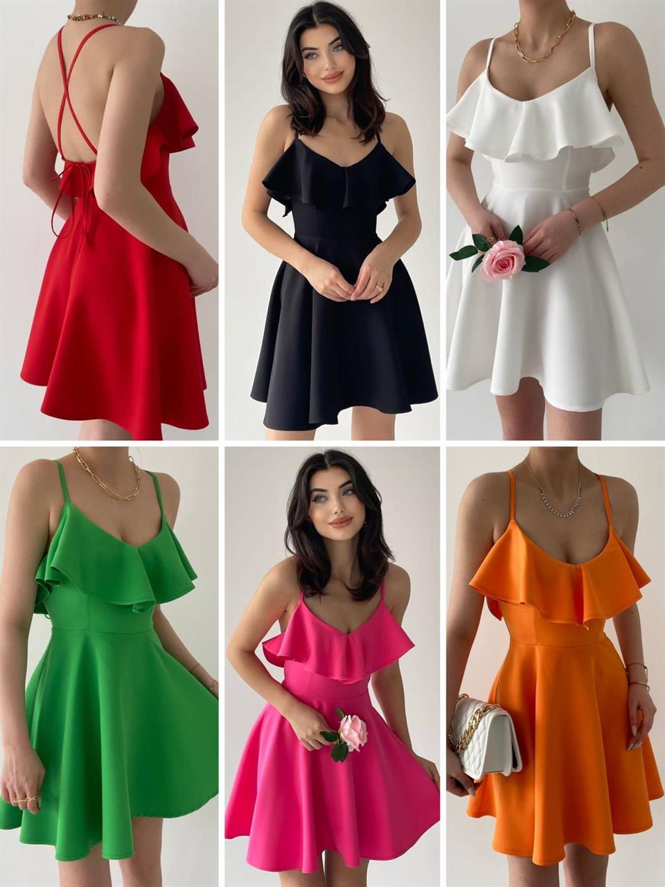 Atlas Kumaş Yaka Volanlı Sırt Detay Kloş Elbise