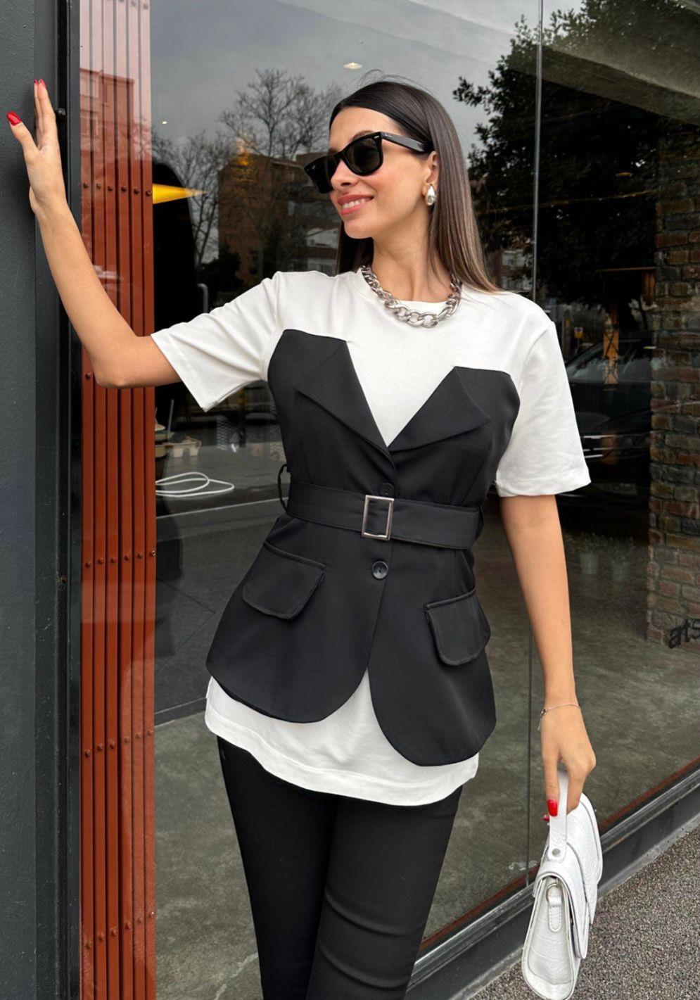 Atlas ve İki İplik Kumaş Ceket Görünümlü Tasarım Bluz 