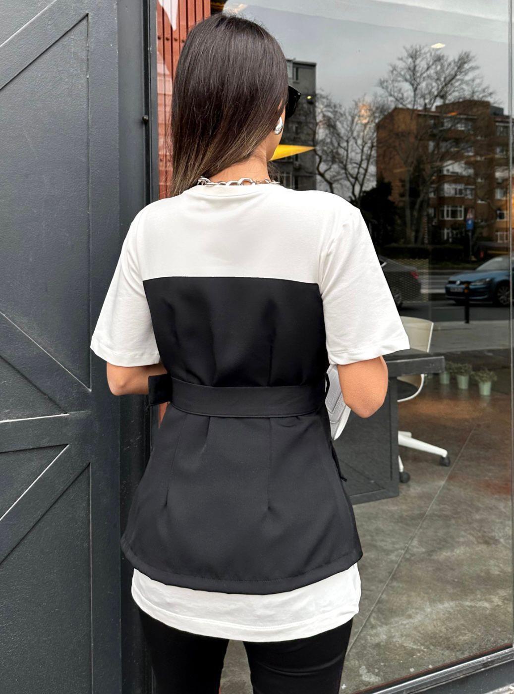 Atlas ve İki İplik Kumaş Ceket Görünümlü Tasarım Bluz 