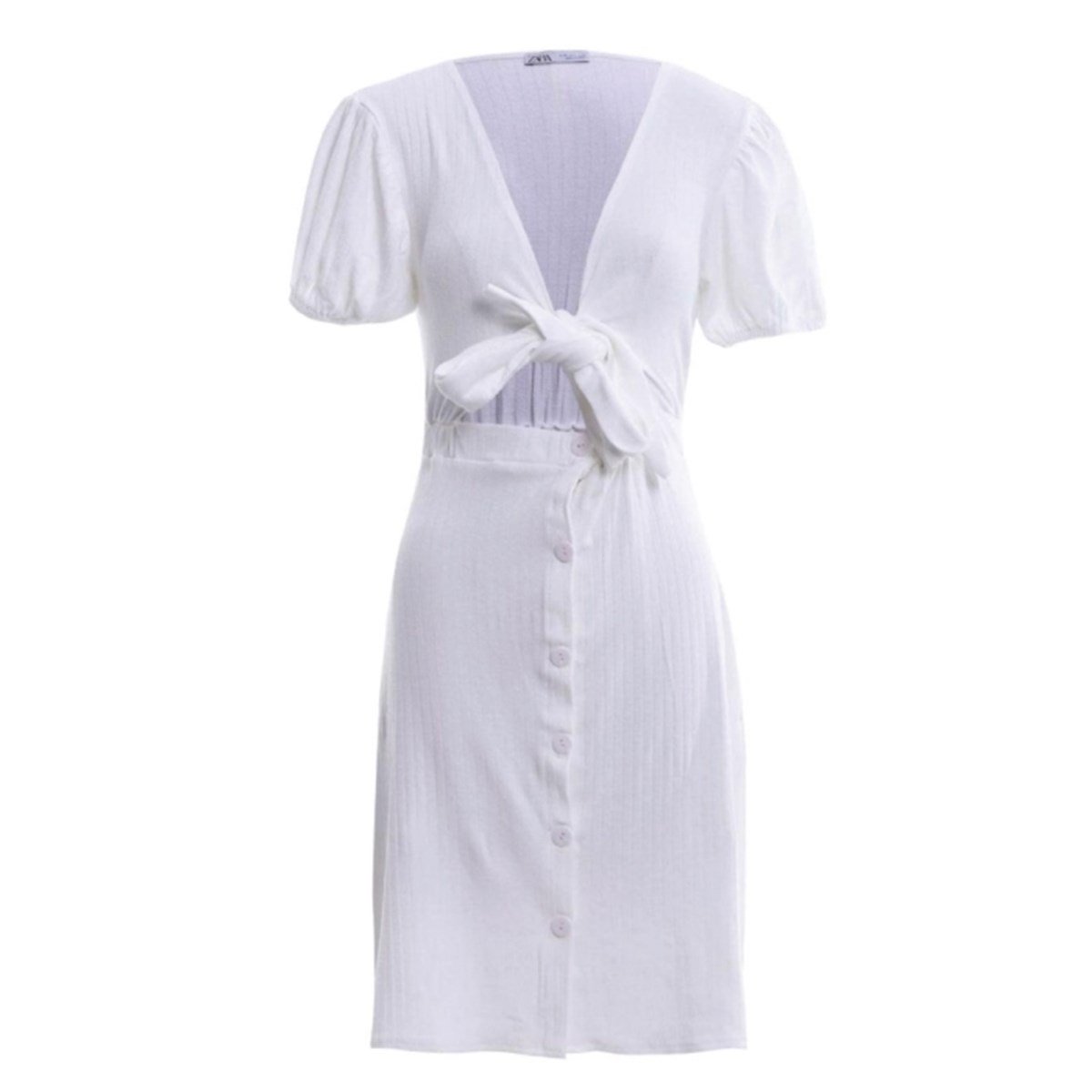 bağlama detay düğmeli beyaz elbise