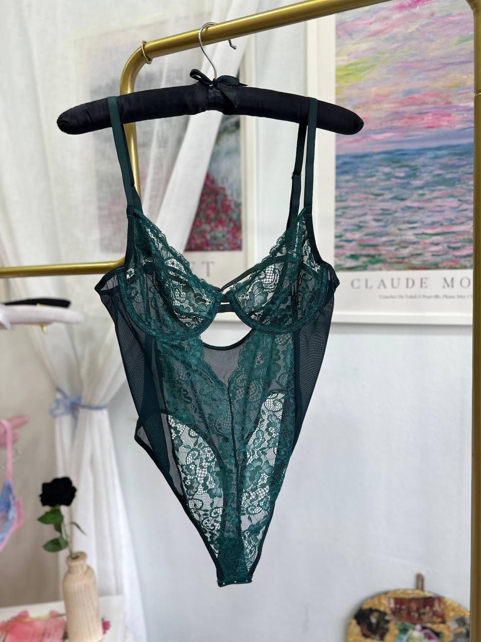 Balenli Tül Bodysuit Yeşil