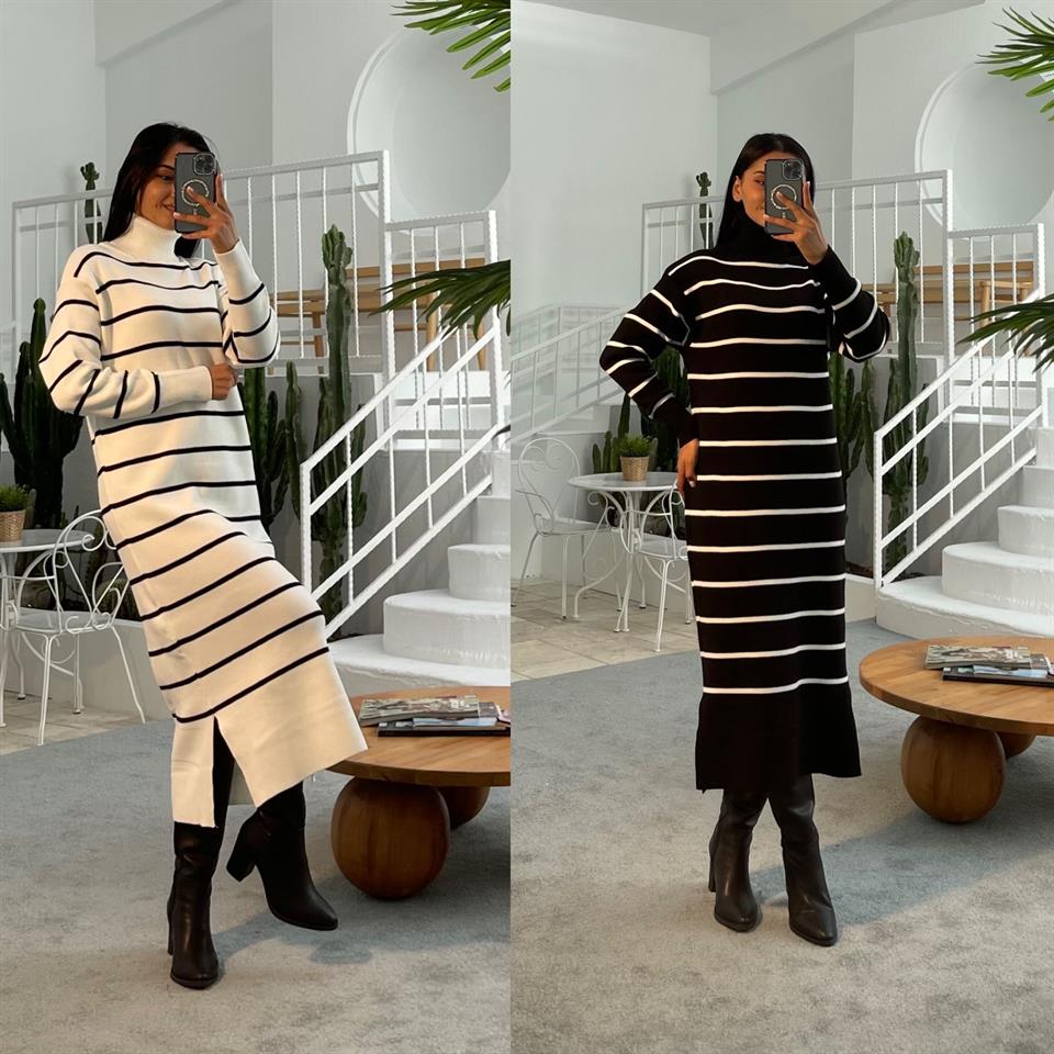 Balıkçı Yaka Çizgi Desen Uzun Elbise