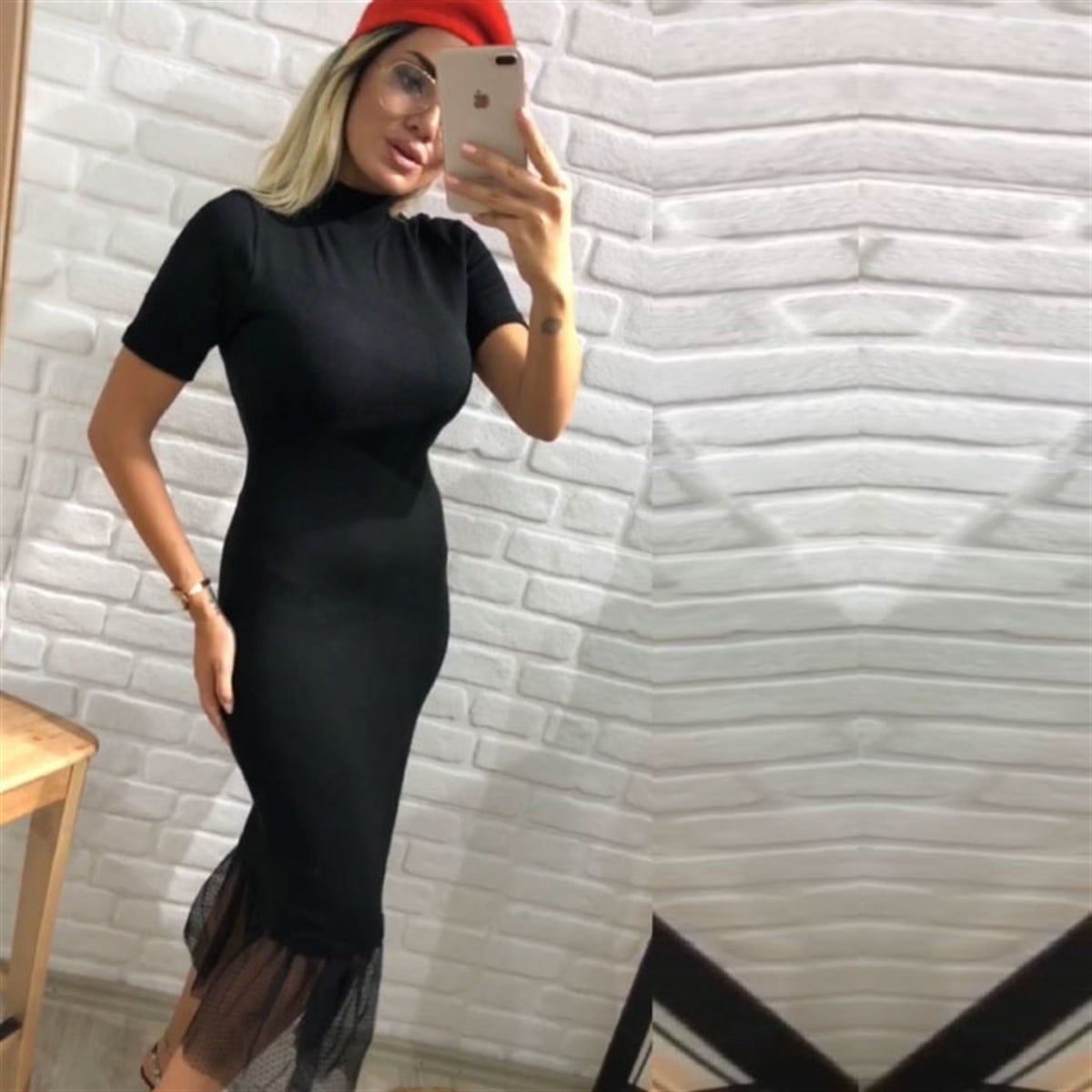 BALIKÇI YAKA ETEĞİ TÜL DETAY BALIK MODEL TRİKO ELBİSE