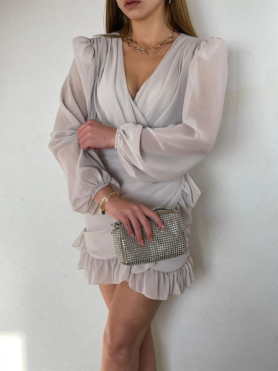 Balon-Kol-Drapeli-Fırfırlı-Tasarım-Elbise