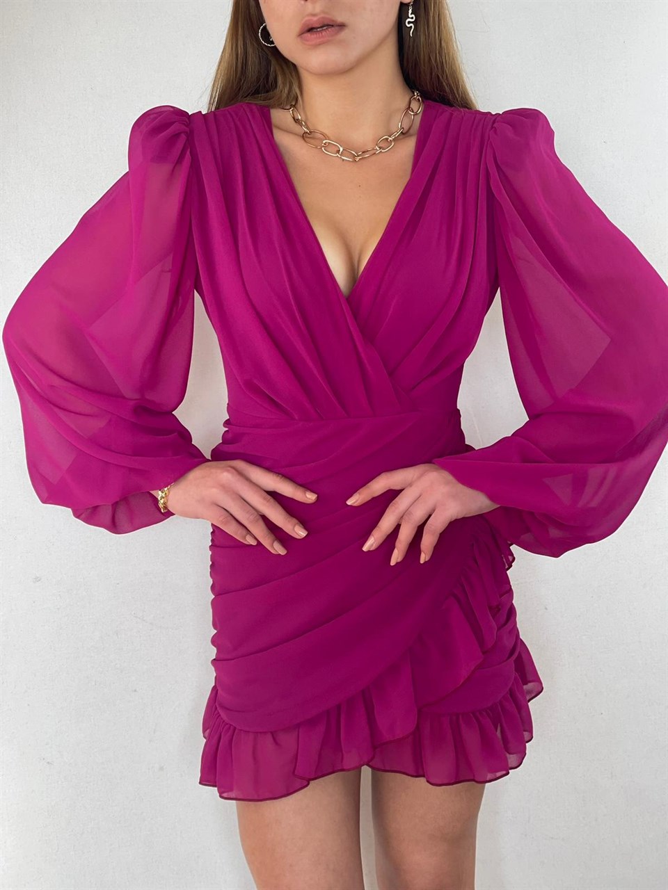 Balon-Kol-Drapeli-Fırfırlı-Tasarım-Elbise