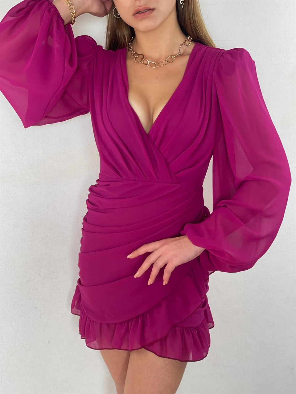 Balon-Kol-Drapeli-Fırfırlı-Tasarım-Elbise