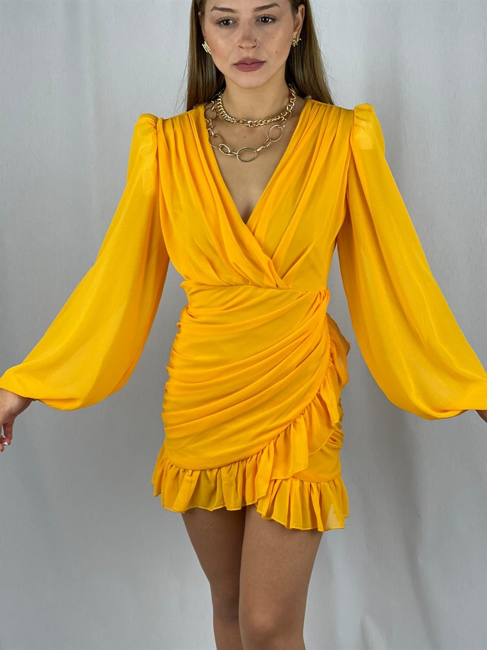 Balon-Kol-Drapeli-Fırfırlı-Tasarım-Elbise