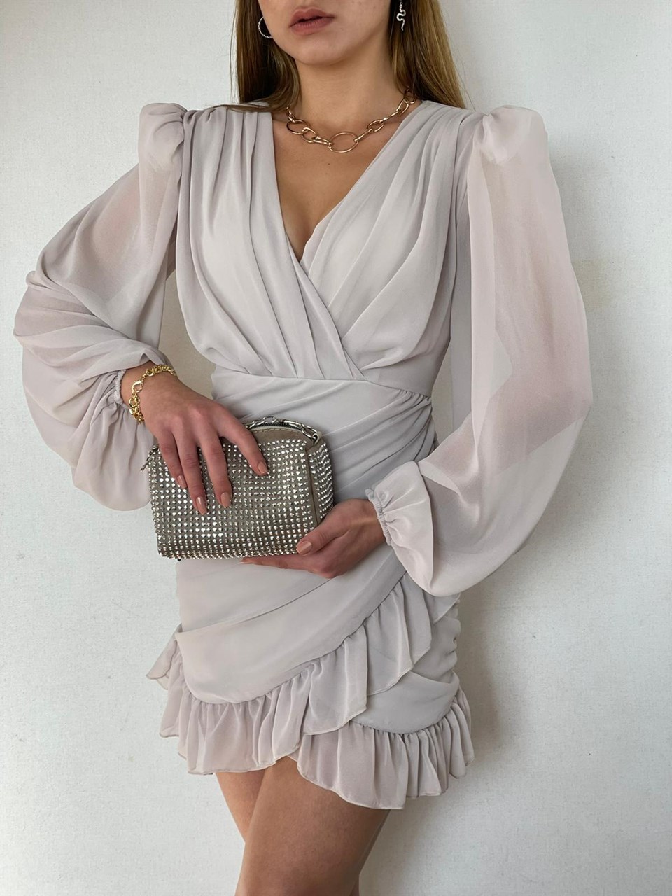 Balon-Kol-Drapeli-Fırfırlı-Tasarım-Elbise