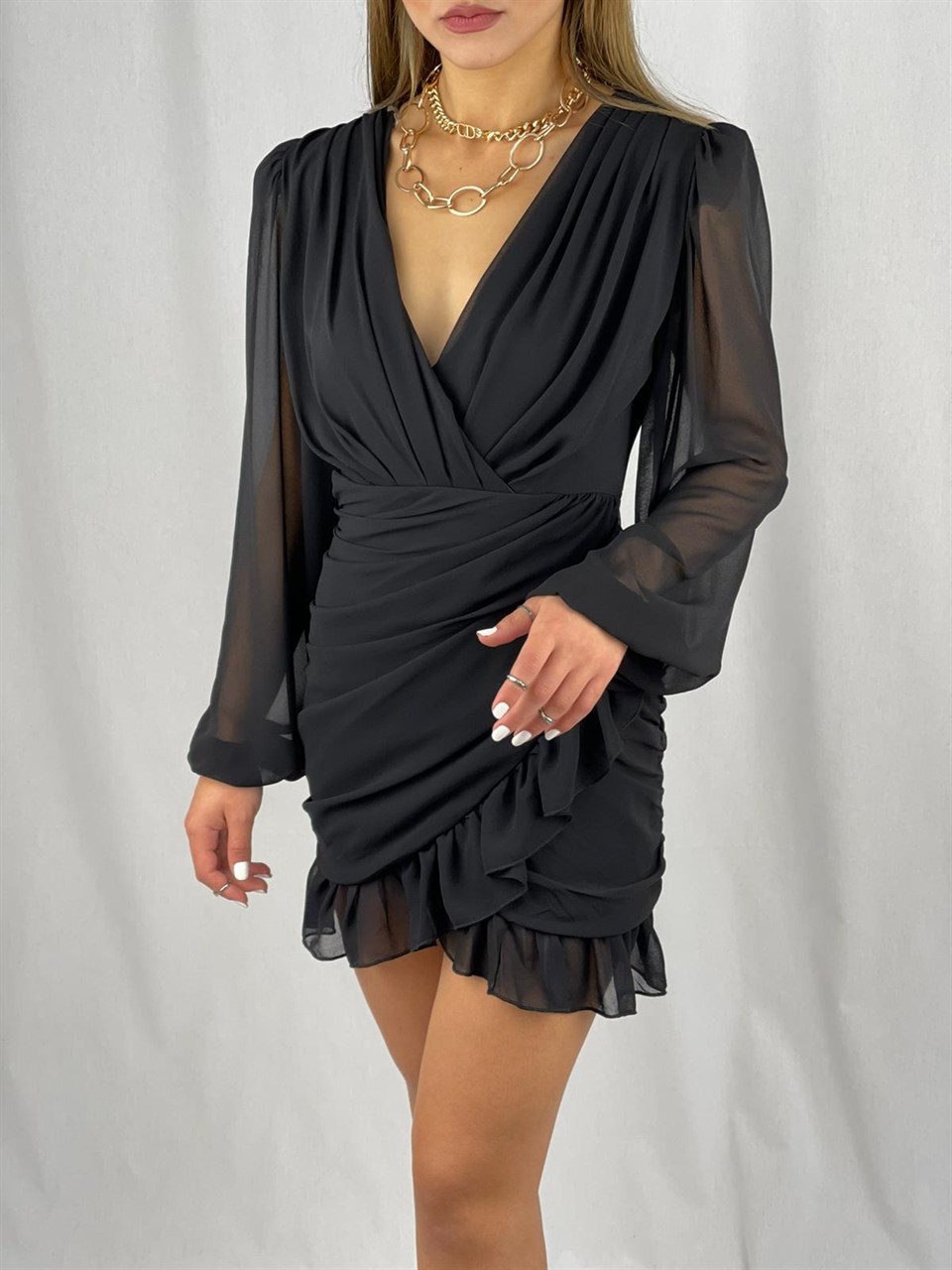 Balon-Kol-Drapeli-Fırfırlı-Tasarım-Elbise