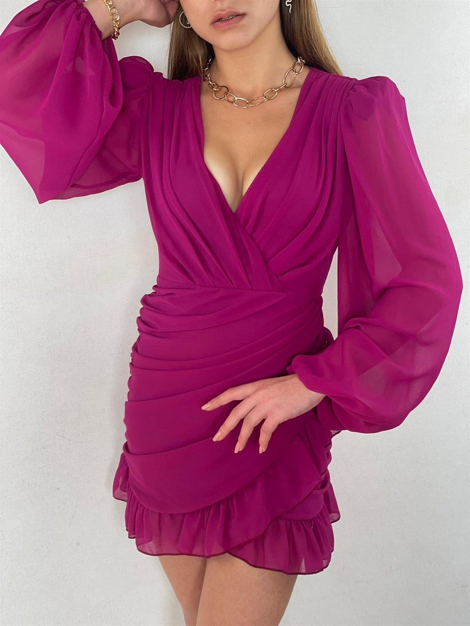 Balon-Kol-Drapeli-Fırfırlı-Tasarım-Elbise