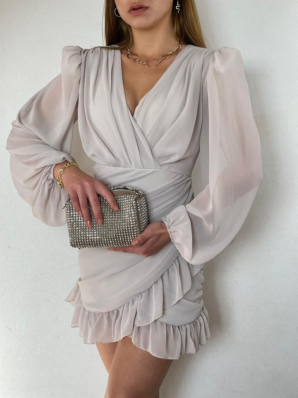 Balon-Kol-Drapeli-Fırfırlı-Tasarım-Elbise