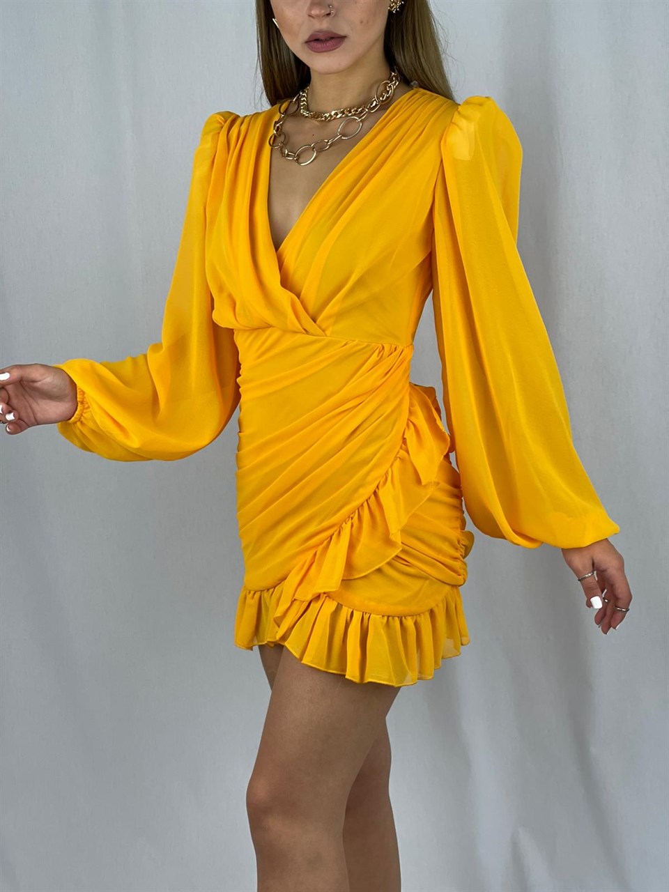 Balon-Kol-Drapeli-Fırfırlı-Tasarım-Elbise