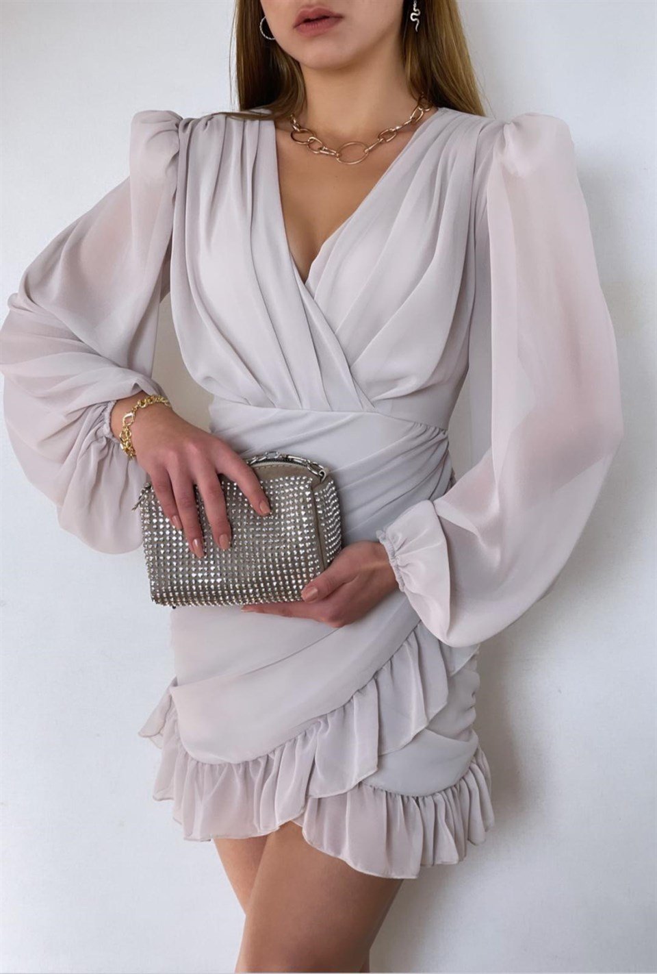 Balon-Kol-Drapeli-Fırfırlı-Tasarım-Elbise