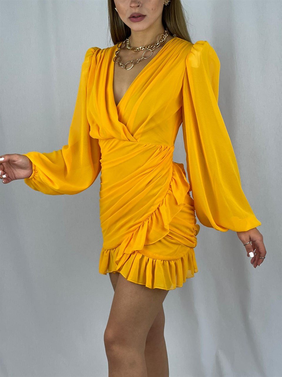 Balon-Kol-Drapeli-Fırfırlı-Tasarım-Elbise