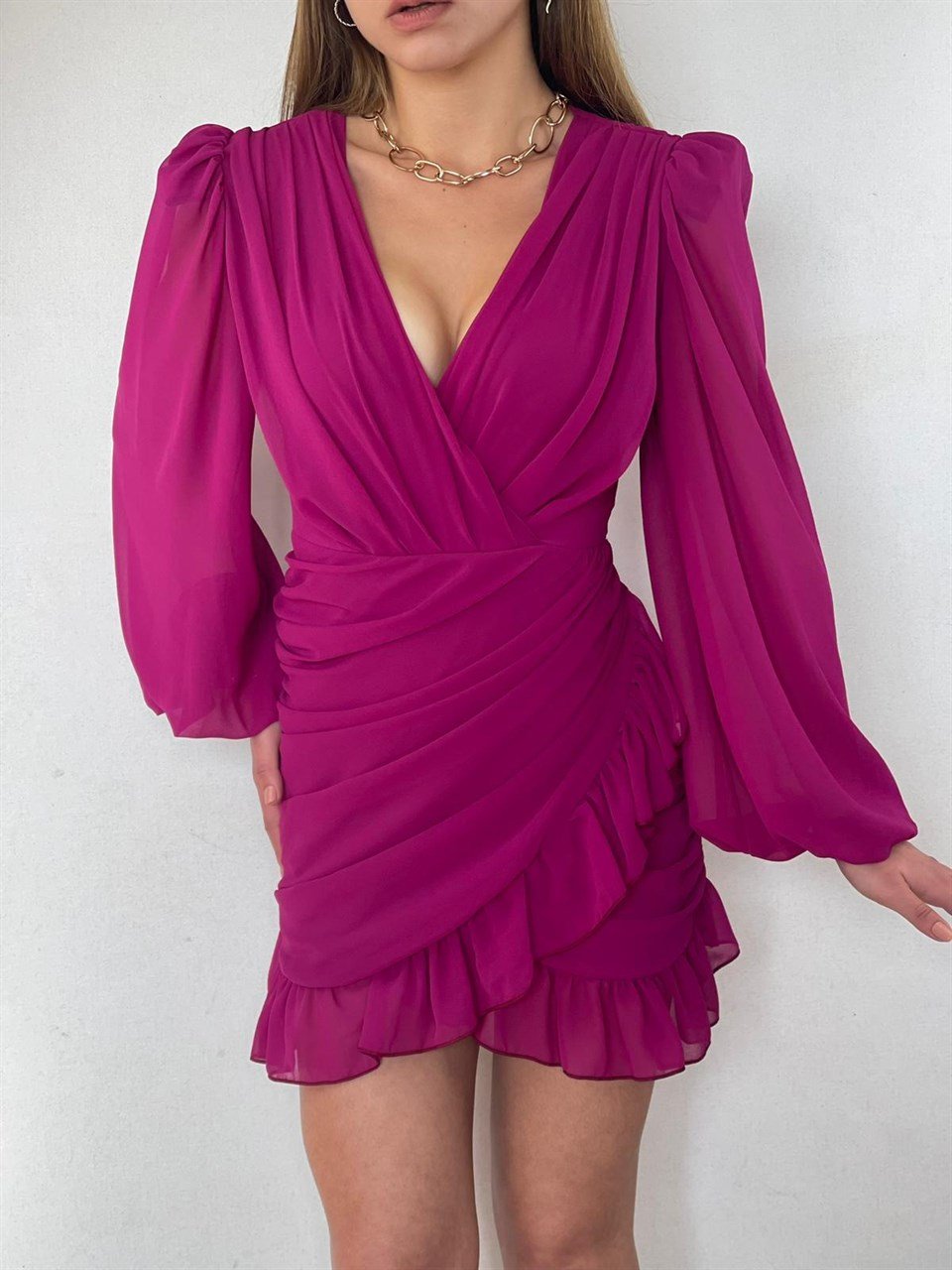 Balon-Kol-Drapeli-Fırfırlı-Tasarım-Elbise